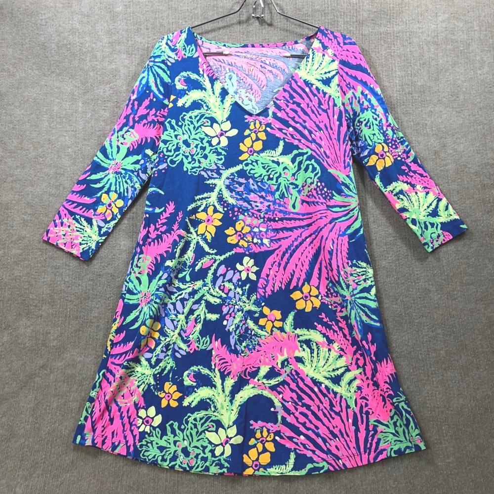 Lilly Pulitzer Erin Indigo All A Glow Cotton Dress V-Neck Size S Cruise Beachy